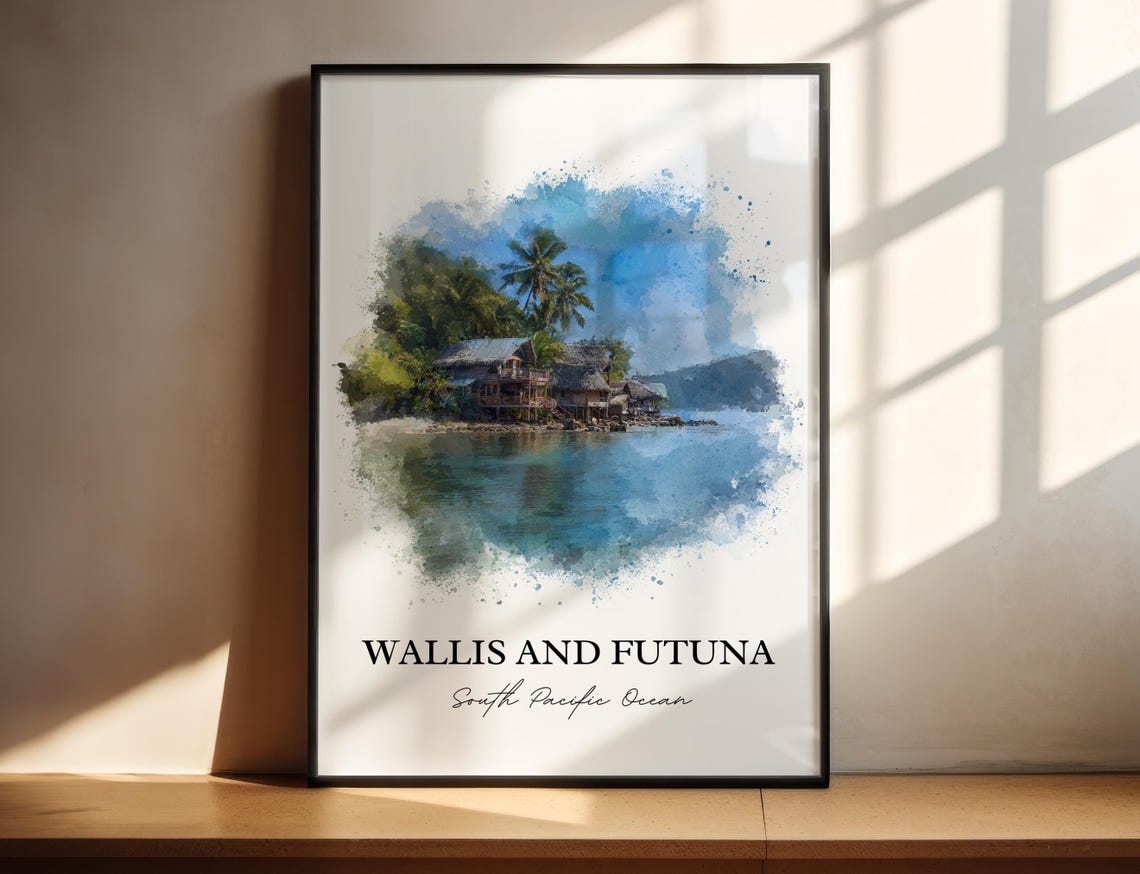 Wallis and Futuna South Pacific Seaside Village Watercolor Poster