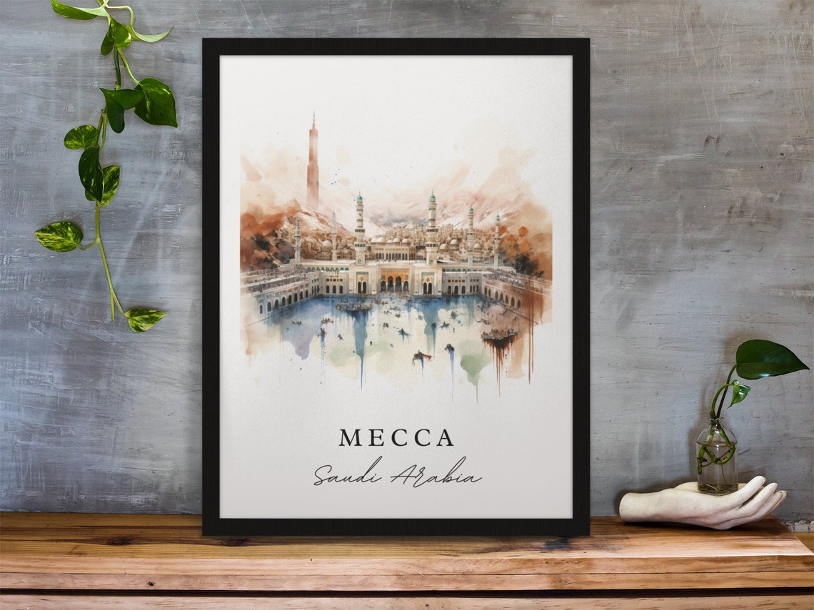 Mecca Saudi Arabia Watercolor Grand Mosque Pilgrimage Art Poster