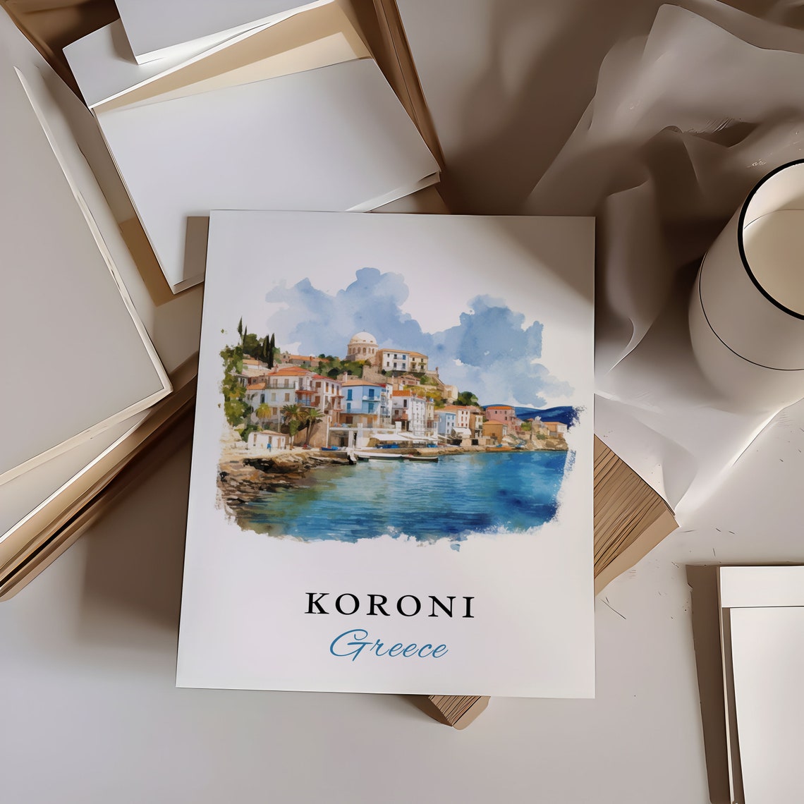 Koroni Greece Watercolor Coastal Town Sea View Travel Poster - Image 5