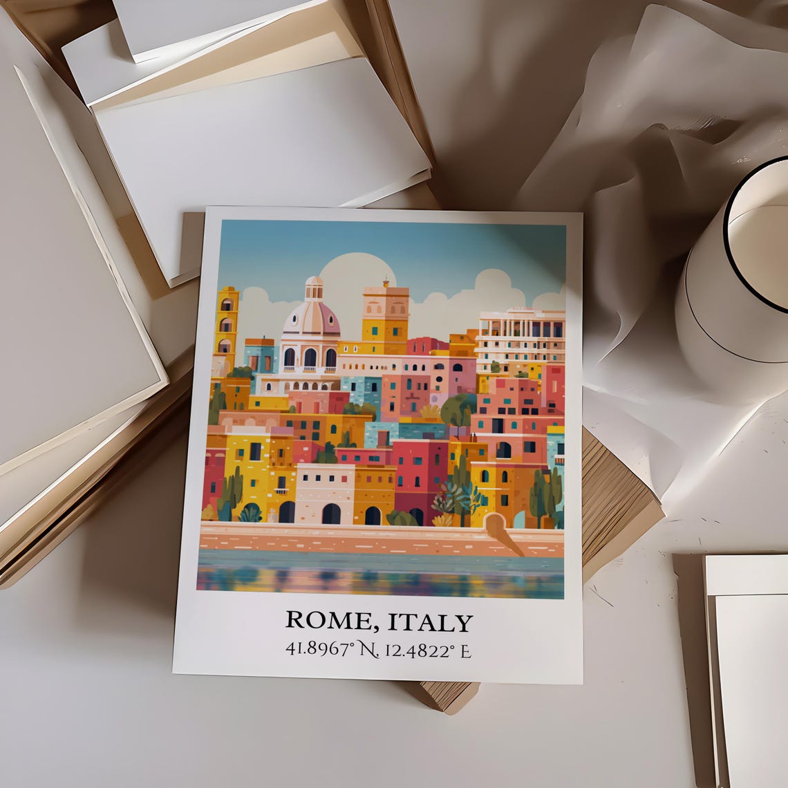 Rome Italy Colorful Old Town Dome Riverbank Retro Travel Art Poster - Image 4