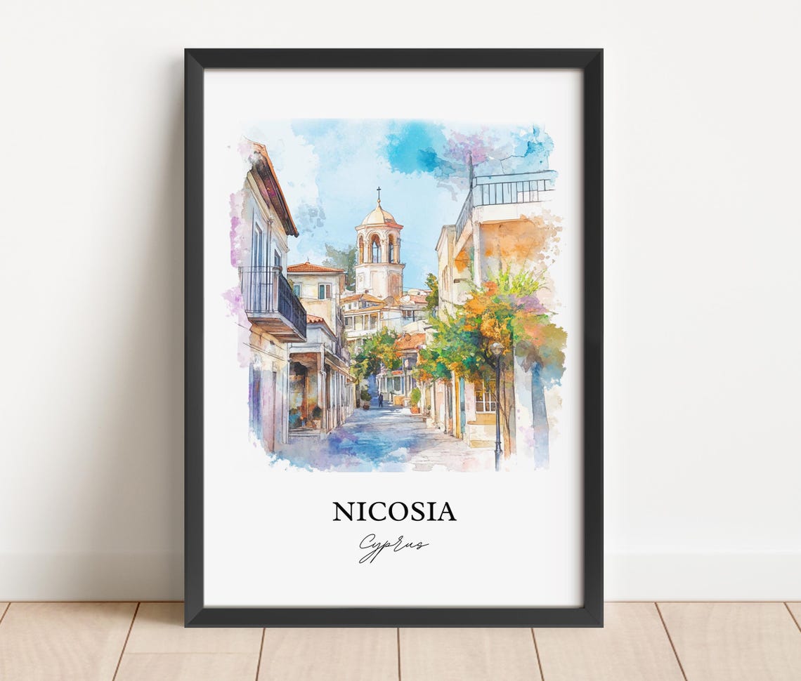 Nicosia Cyprus Old Town Street Bell Tower Watercolor Travel Poster - Image 3