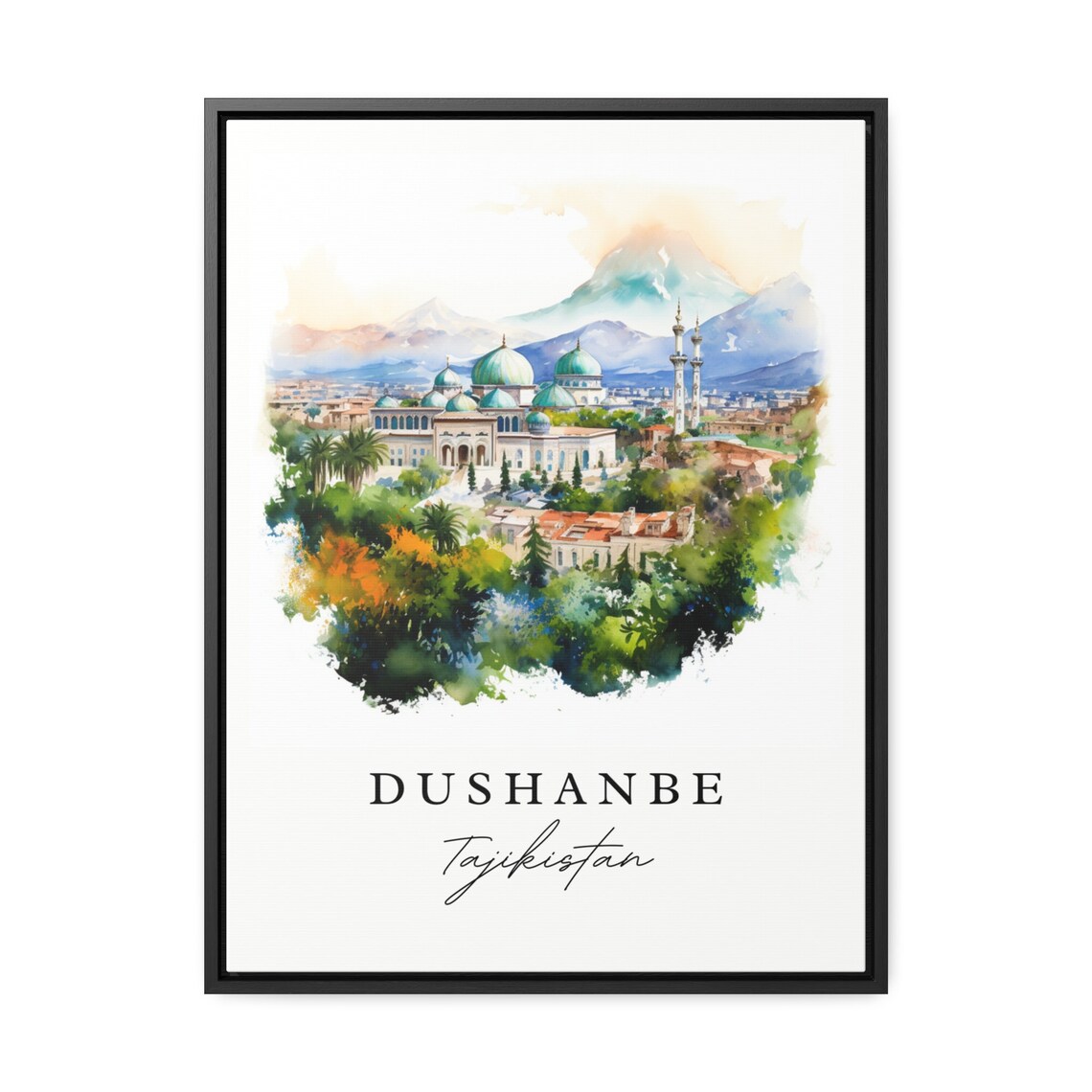 Dushanbe Tajikistan Watercolor Green Domed Mosque Mountain City Travel Poster - Image 3