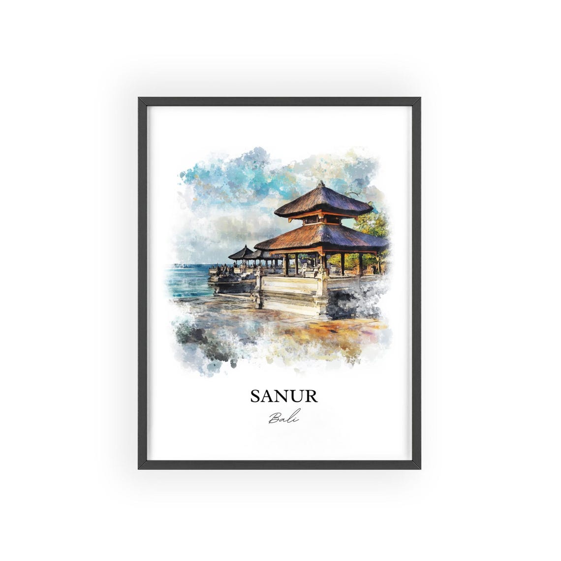 Sanur Bali Watercolor Seaside Temple Calm Ocean Waves Poster - Image 2