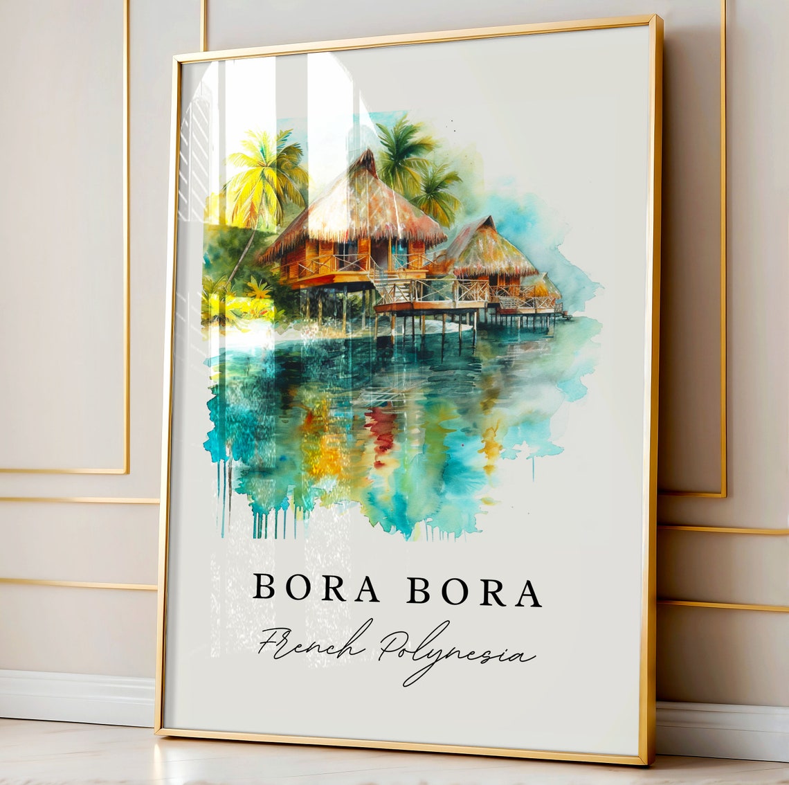Bora Bora French Polynesia Overwater Bungalows Watercolor Poster - Image 3