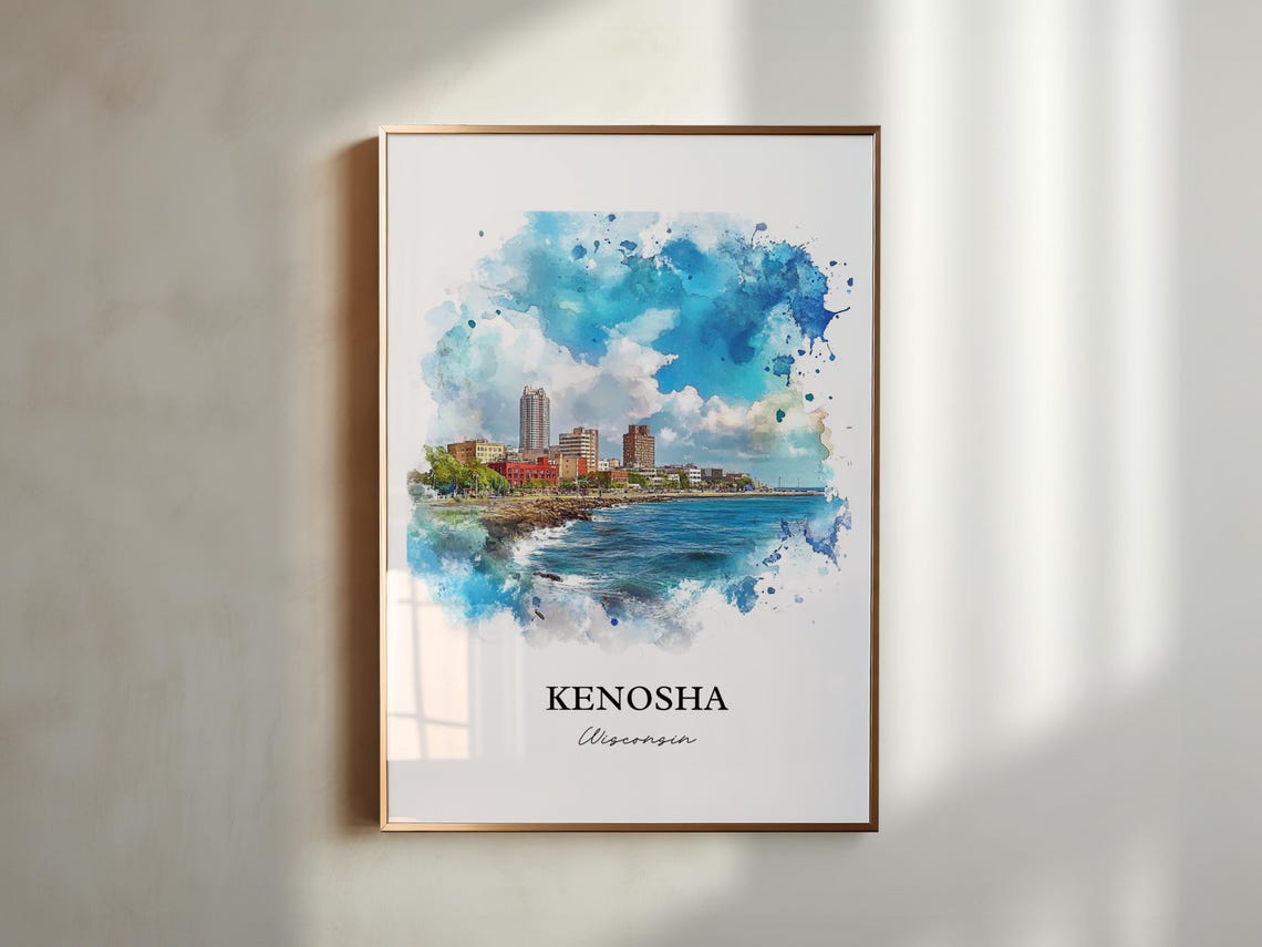 Kenosha Wisconsin Watercolor Lakefront Skyline Blue Waves Poster - Image 5