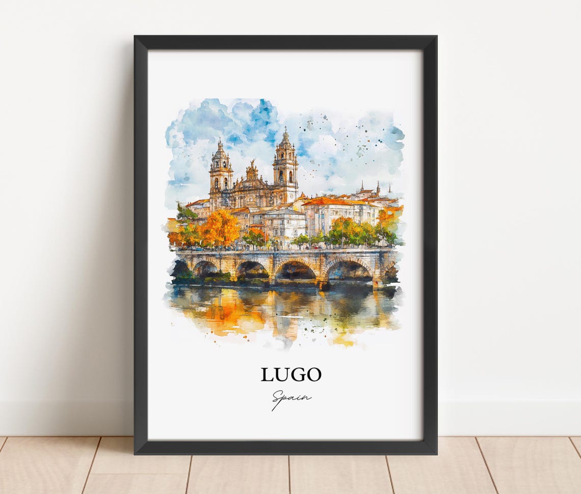 Lugo Spain Watercolor Cathedral Stone Bridge Autumn River View Poster - Image 2