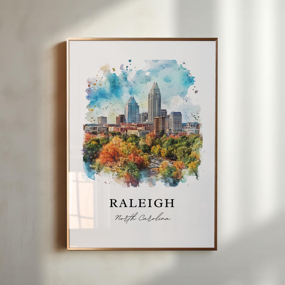 Raleigh North Carolina Fall Skyline Twin Tower Watercolor Poster