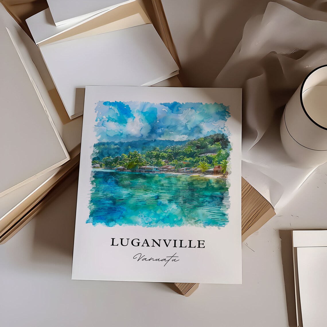 Luganville Vanuatu Turquoise Lagoon Village Watercolor Art Print - Image 6