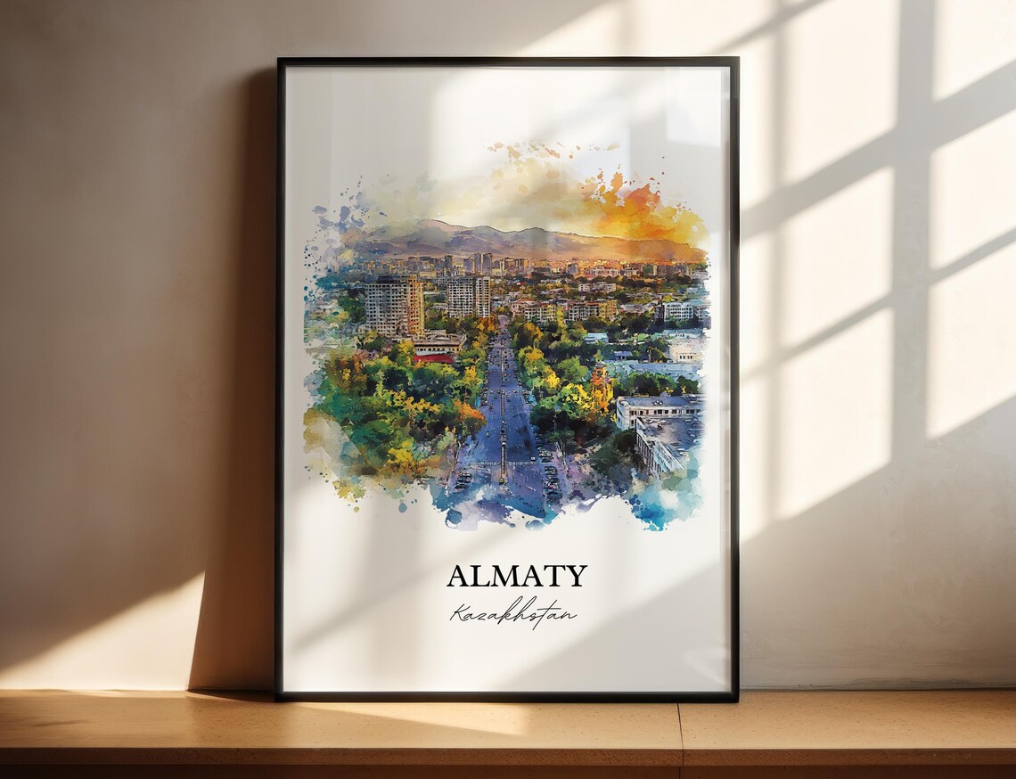 Almaty Kazakhstan Watercolor Green City Mountain View Travel Poster