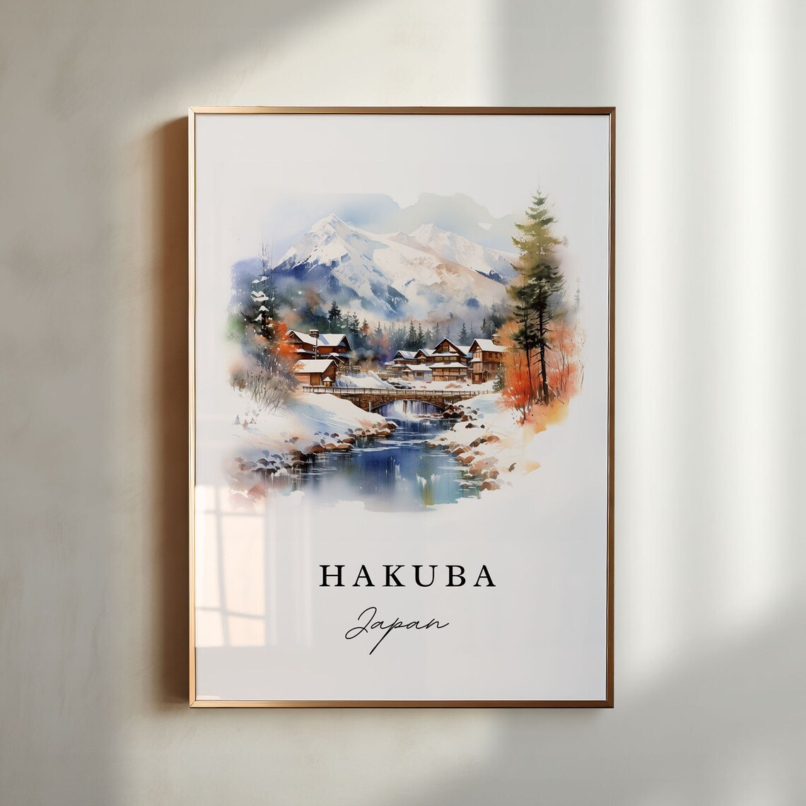 Hakuba Japan Watercolor Snowy Alpine Mountain Village Scene Poster - Image 6