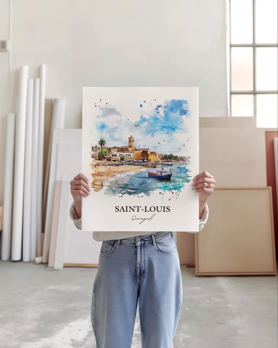 Saint Louis Senegal Beach Fishing Boats Watercolor Art Poster - Image 5