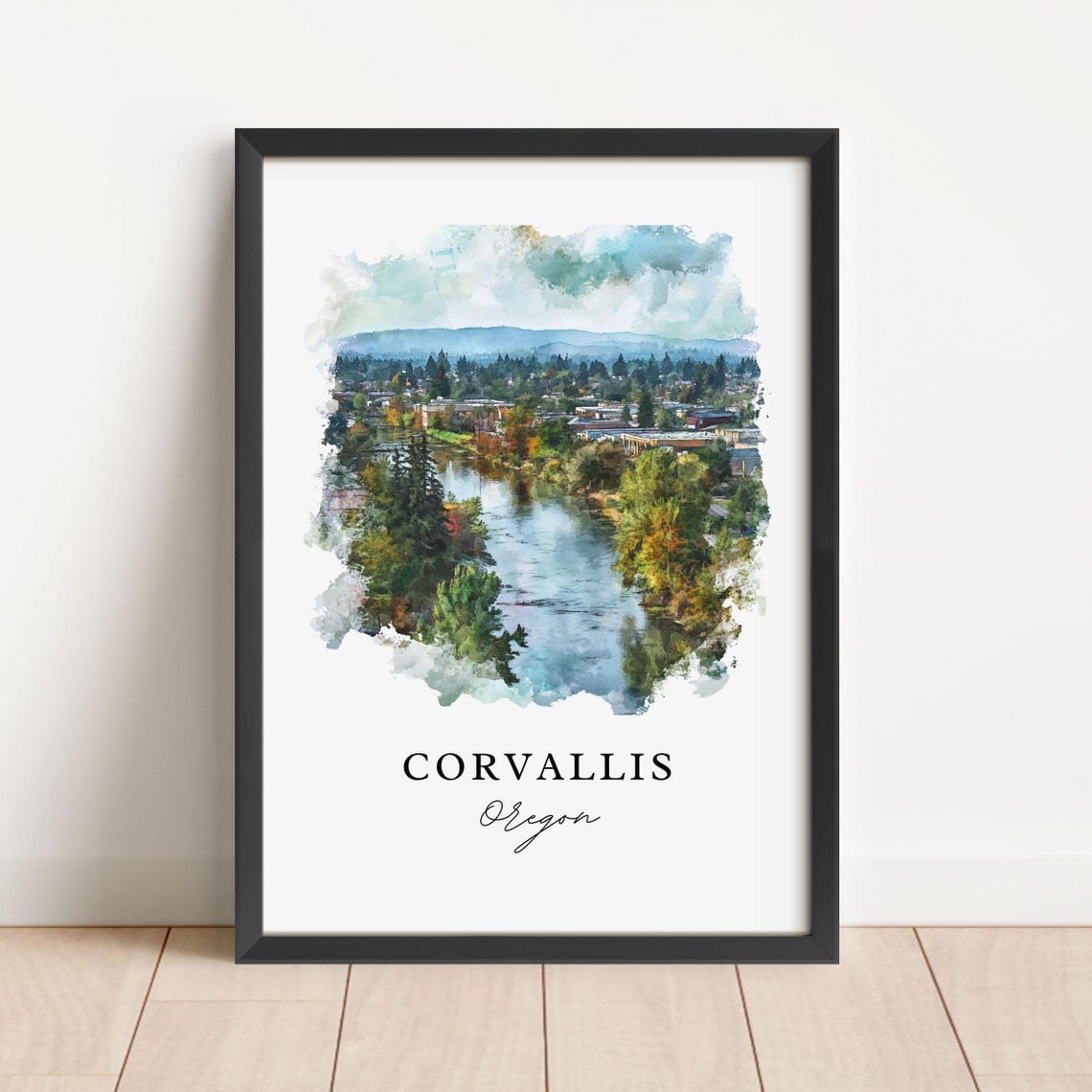 Corvallis Oregon River Town Watercolor Scenic Landscape Travel Poster