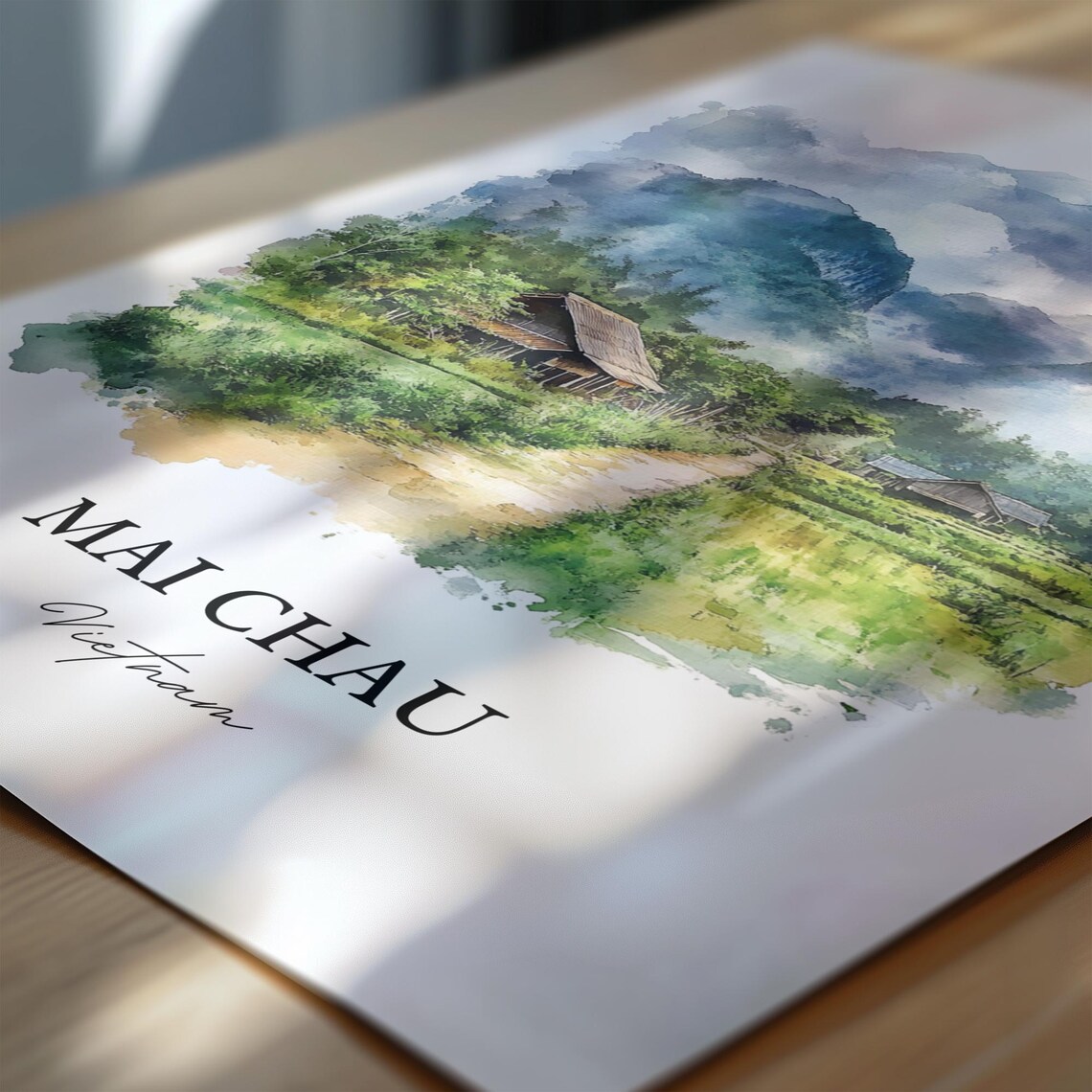 Mai Chau Vietnam Watercolor Art Valley Stilt Houses Fields Poster - Image 6