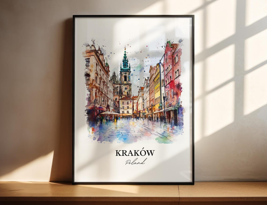 Krakow Poland Old Town Church Square Watercolor Travel Poster