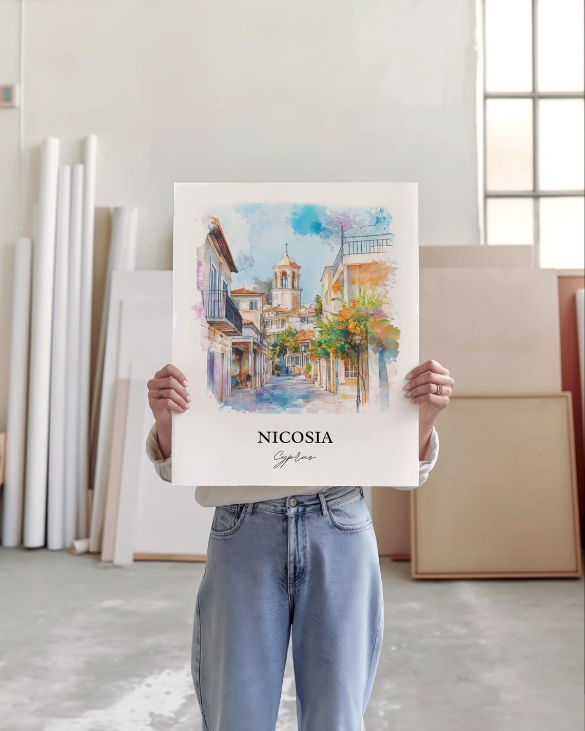 Nicosia Cyprus Old Town Street Bell Tower Watercolor Travel Poster - Image 4