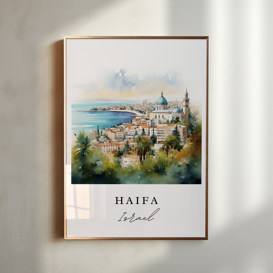 Haifa Israel Watercolor Blue Bay Coastal City View Travel Poster