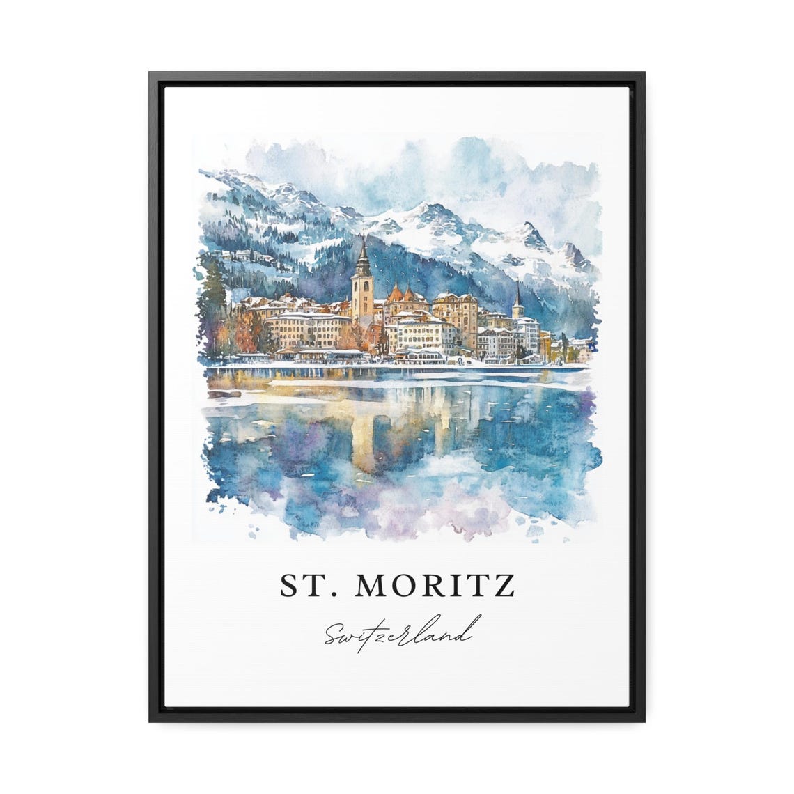 St. Moritz Switzerland Snowy Alpine Lake Watercolor Travel Poster - Image 3
