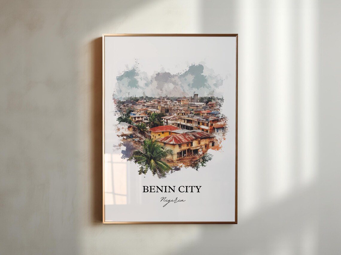 Benin City Nigeria Rooftop Skyline Watercolor Travel Poster Art - Image 6