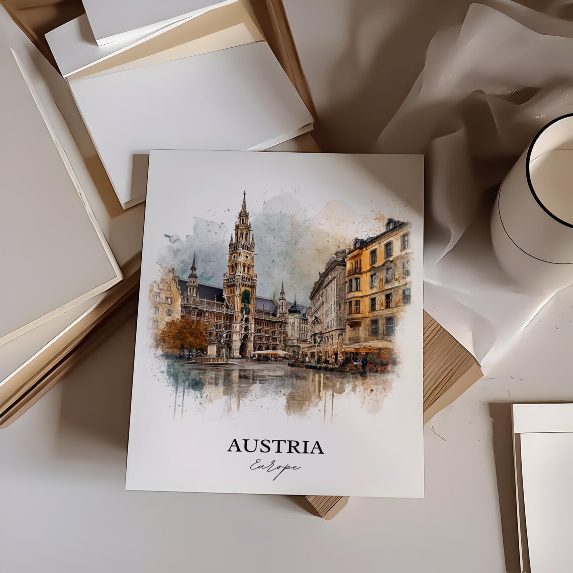 Austria Historic Town Hall Plaza Watercolor Europe Travel Poster - Image 3