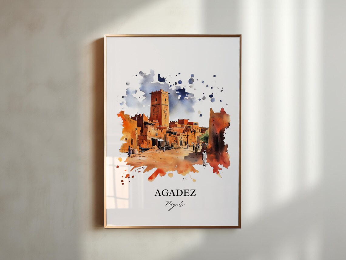 Agadez Niger Watercolor Desert Oasis Town Minaret Travel Poster - Image 6