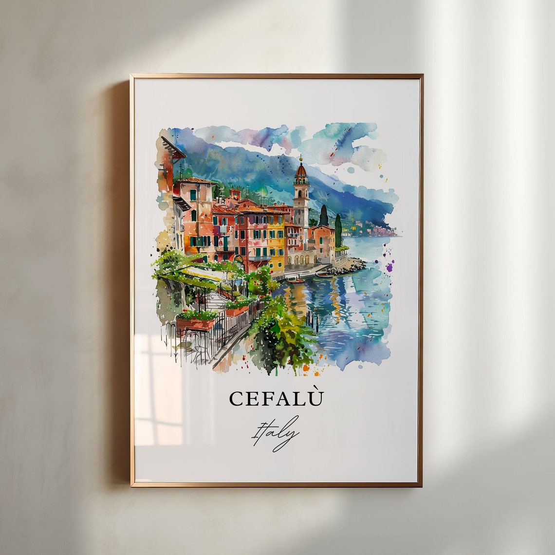 Cefal Italy Watercolor Travel Poster, Sardinia