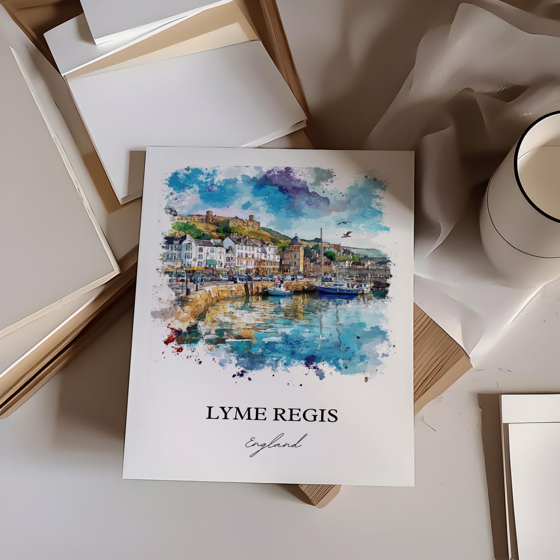 Lyme Regis England Harbor Watercolor Coastal Travel Poster Artwork - Image 4