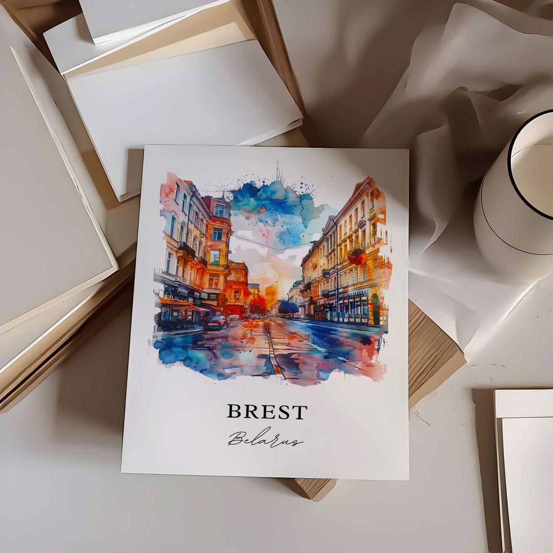 Brest Belarus Vibrant Colorful City Street Watercolor Travel Poster - Image 6