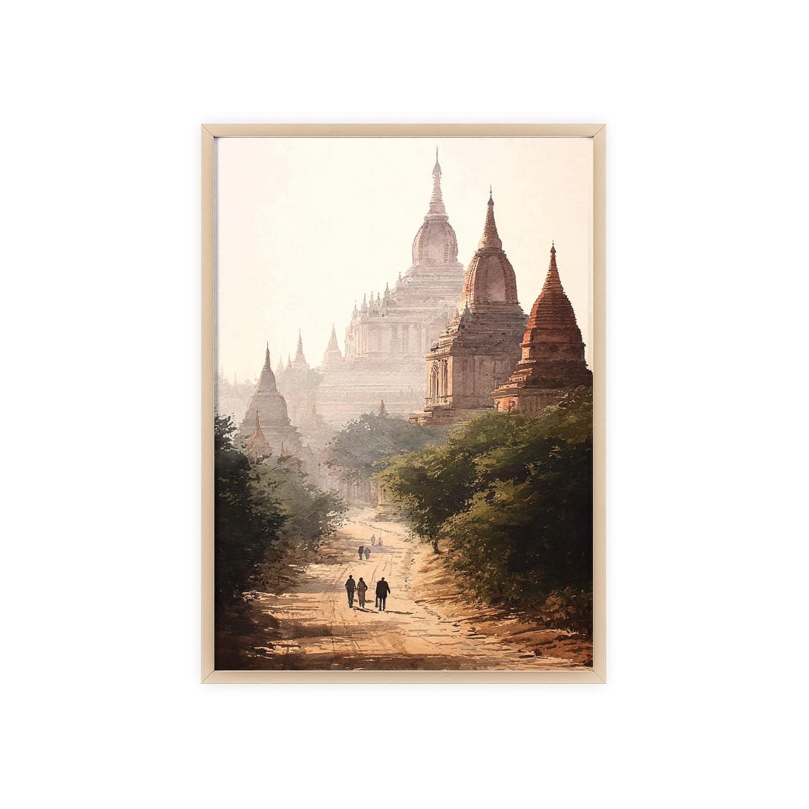 Ancient Temple Stupas Watercolor Path Walkers Serene Wall Art