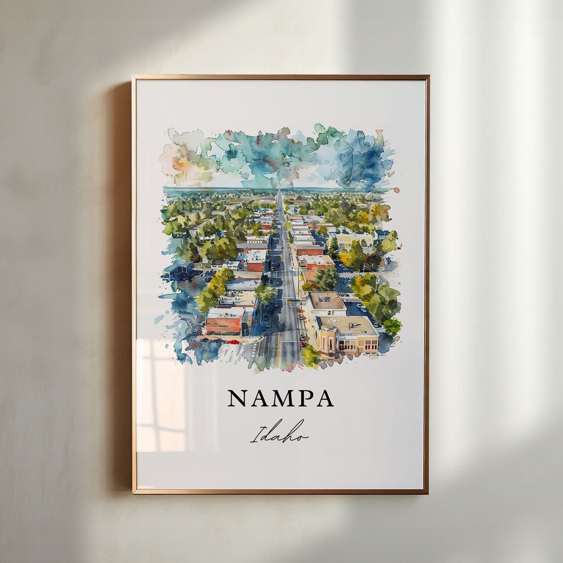 Nampa Idaho Watercolor Downtown Aerial Main Street View Poster