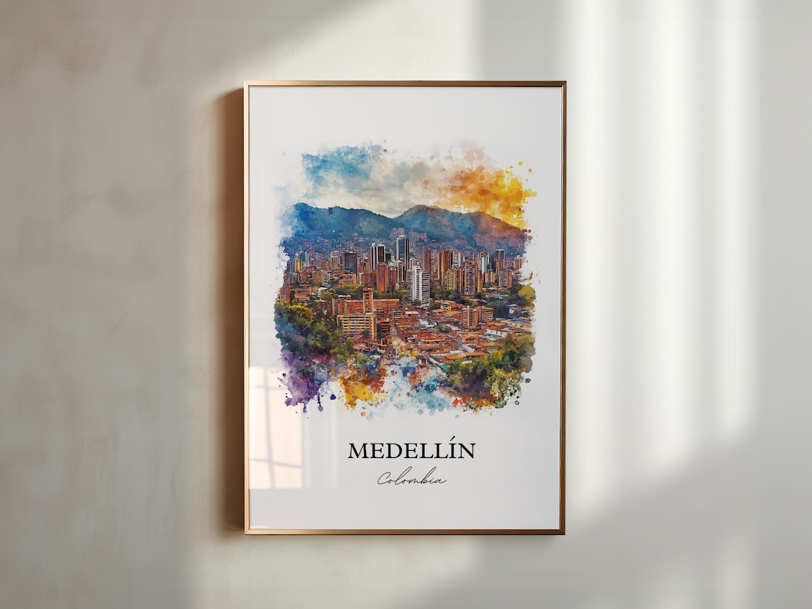 Medellin Colombia Watercolor City Towers Mountain Sunset Poster - Image 3