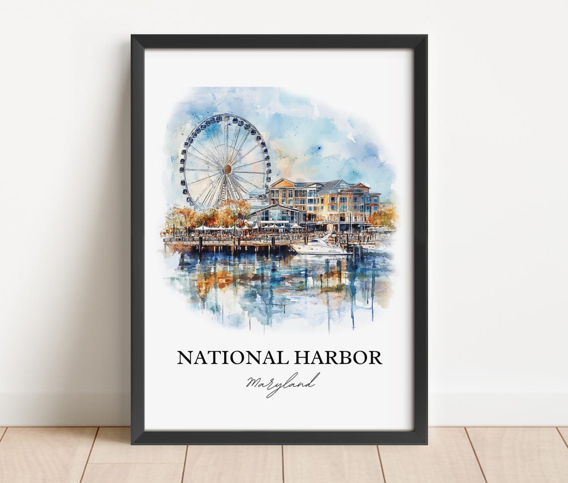 National Harbor Maryland Watercolor Ferris Wheel Waterfront Poster - Image 2