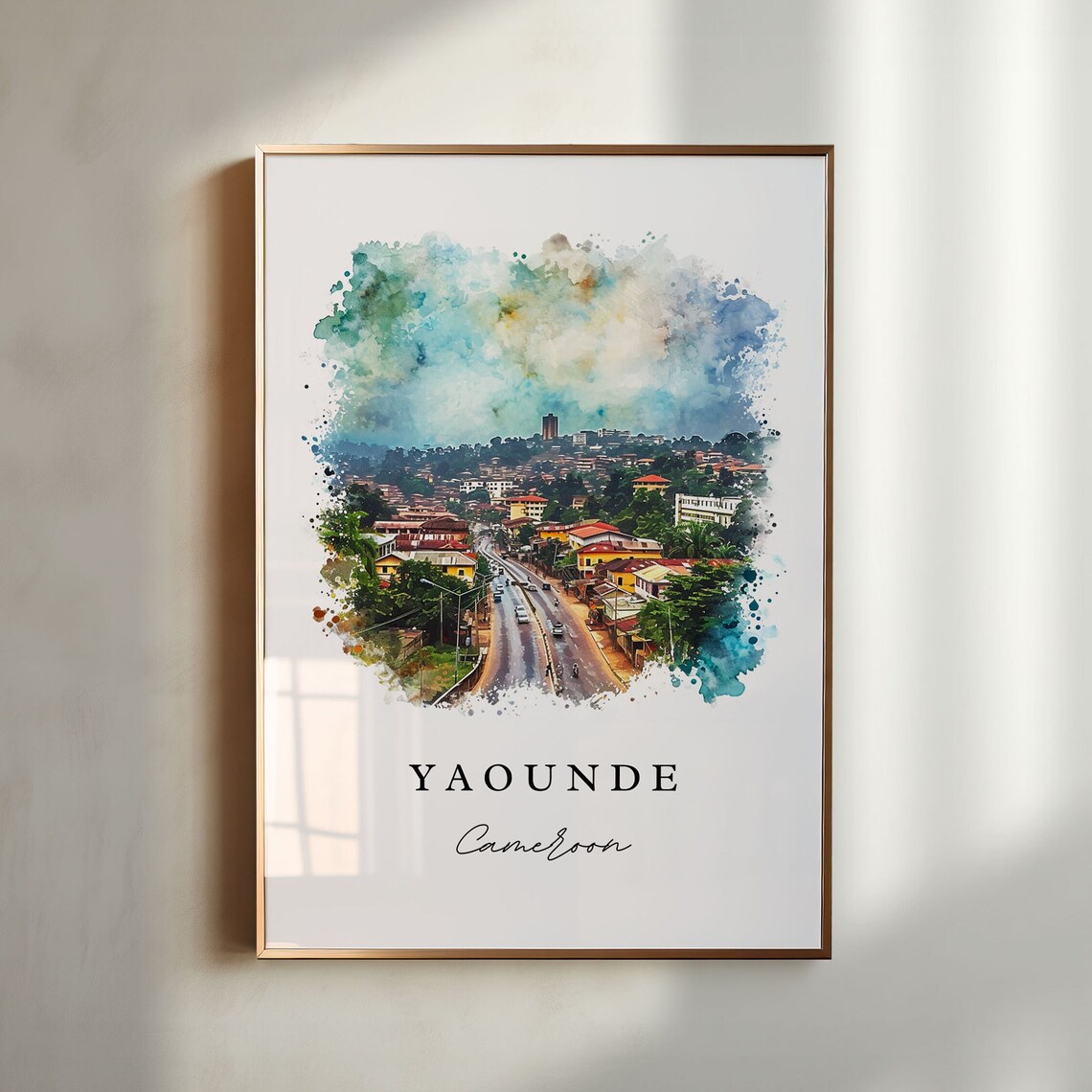 Yaounde Cameroon City Avenue Aerial Watercolor Travel Art Poster