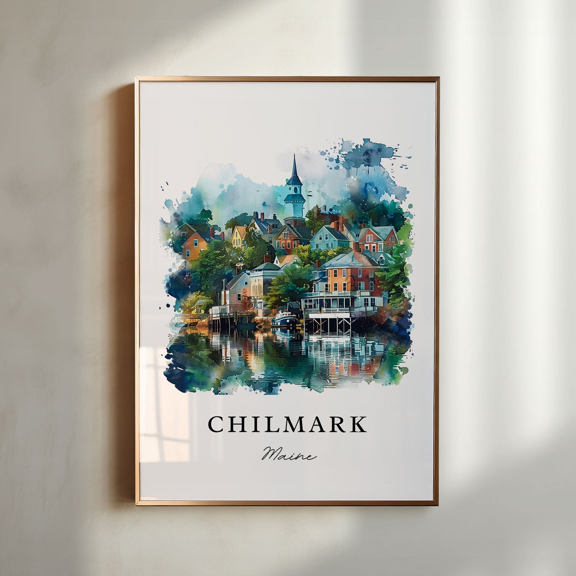 Chilmark Maine Waterfront Village Steeple Watercolor Travel Poster