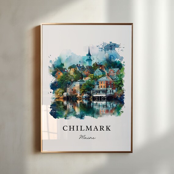 Chilmark Maine Waterfront Village Steeple Watercolor Travel Poster