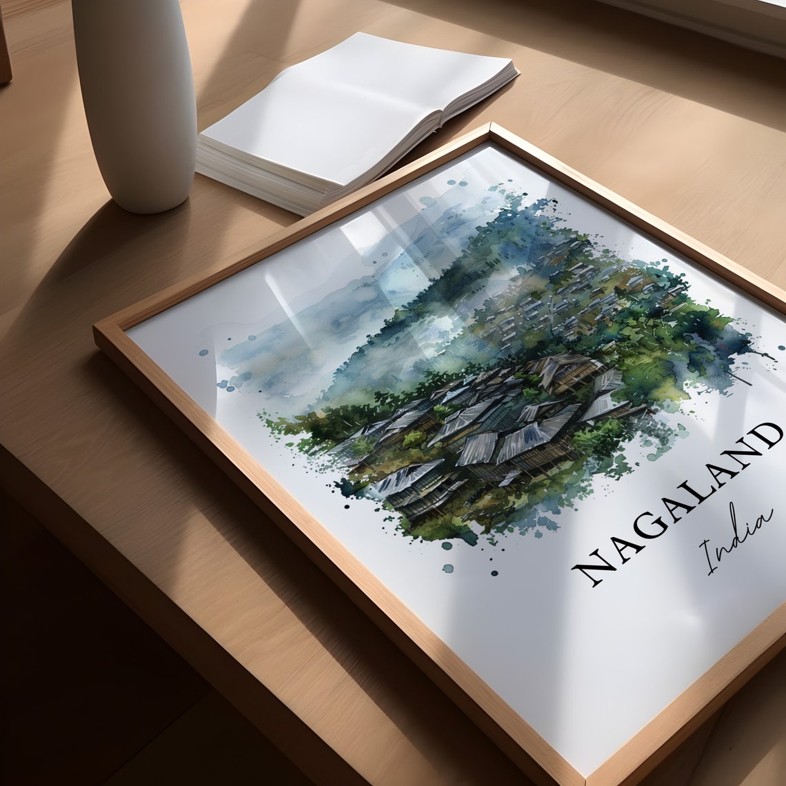 Nagaland India Tribal Misty Hill Village Watercolor Travel Poster - Image 5