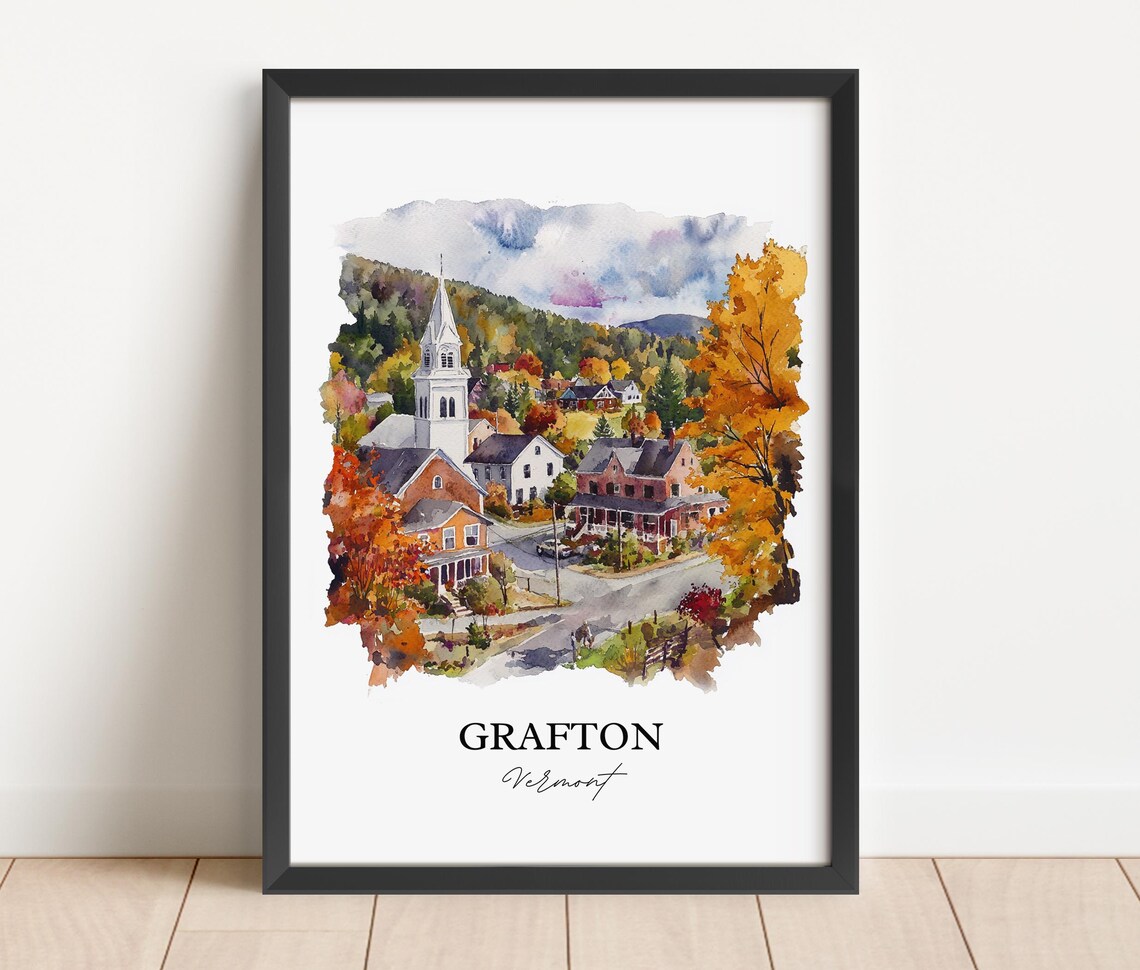 Grafton Vermont Village Church Autumn Foliage Watercolor Travel Poster - Image 2