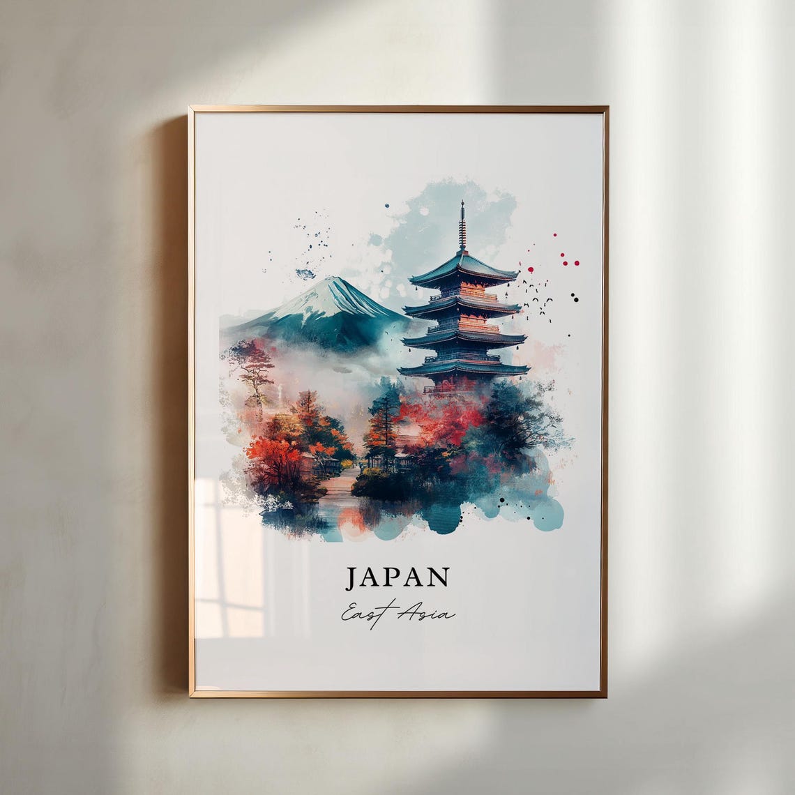 Japan Watercolor Art Mount Fuji Pagoda Autumn Foliage Poster