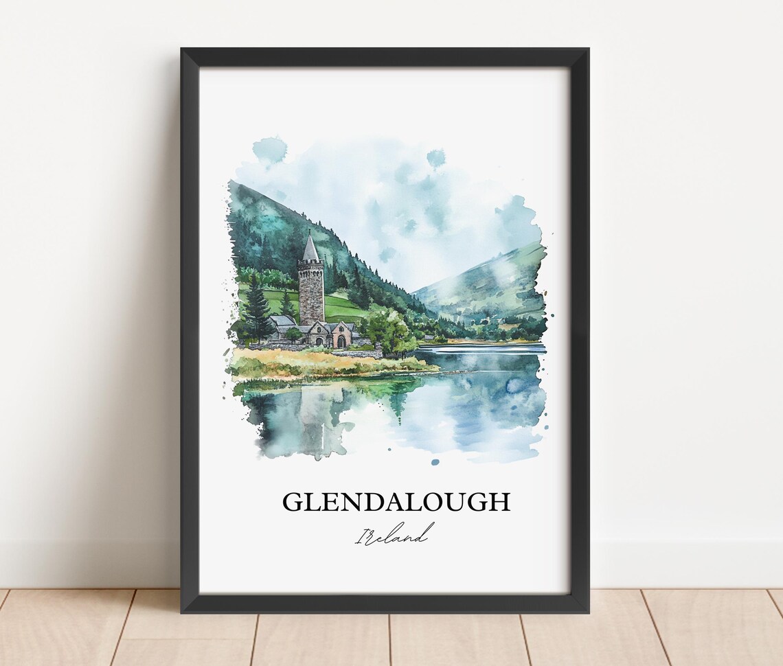 Glendalough Ireland Round Tower Lake Watercolor Travel Poster - Image 2
