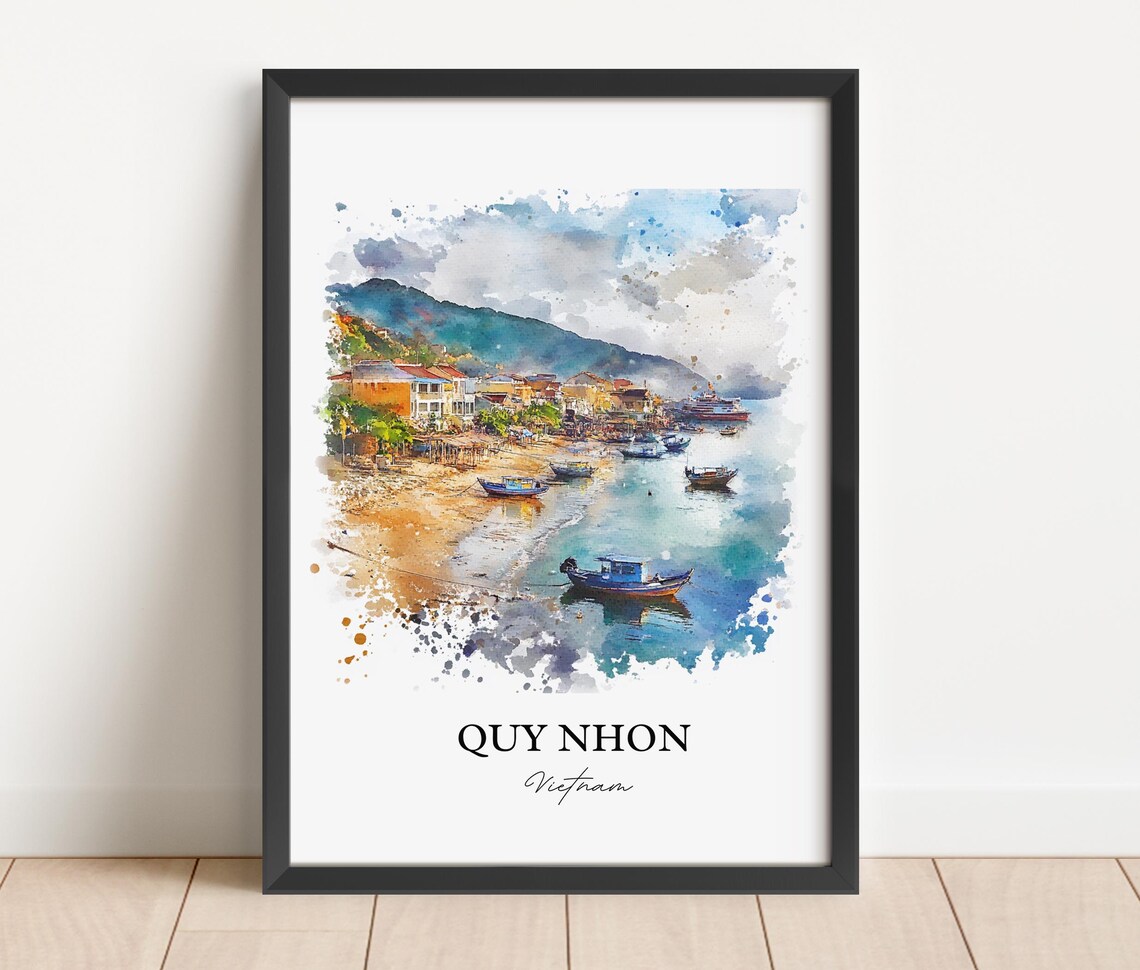 Quy Nhon Vietnam Watercolor Art Fishing Boats Sandy Beach Poster - Image 5