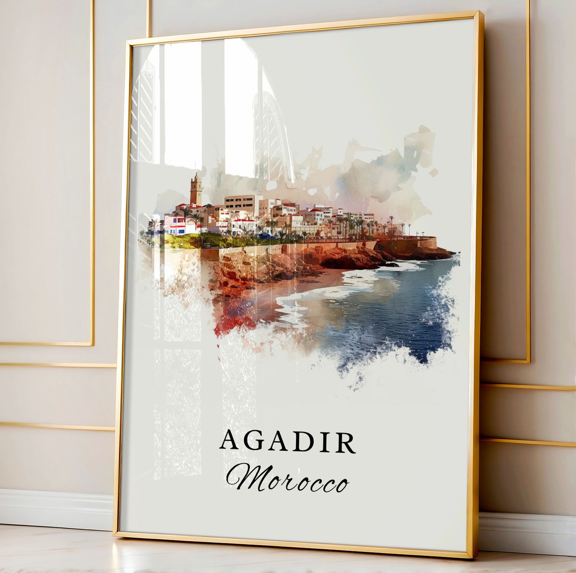 Agadir Morocco Cliffside Coastline City Watercolor Travel Poster - Image 4