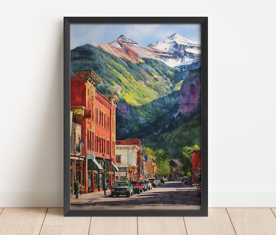 Telluride Colorado Main Street Watercolor Mountain Peaks Town Poster