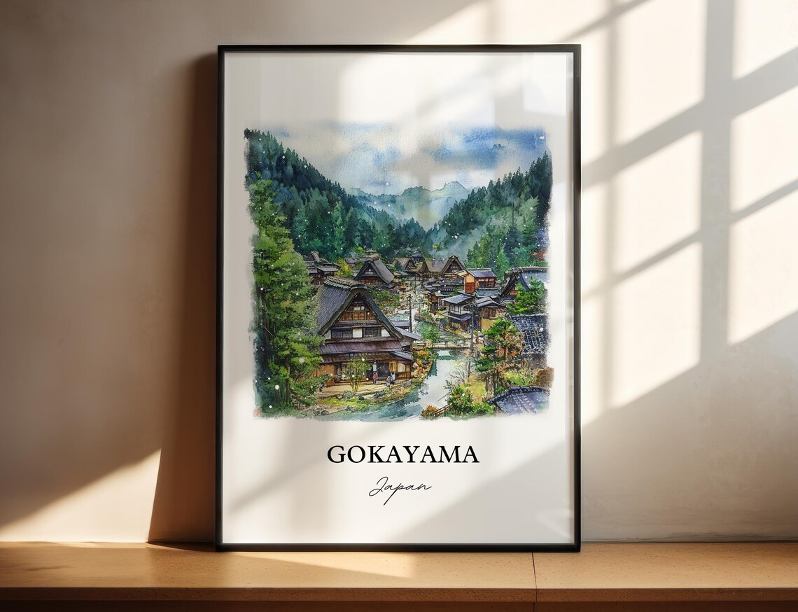 Gokayama Japan Watercolor Thatched Roof Village Valley Poster