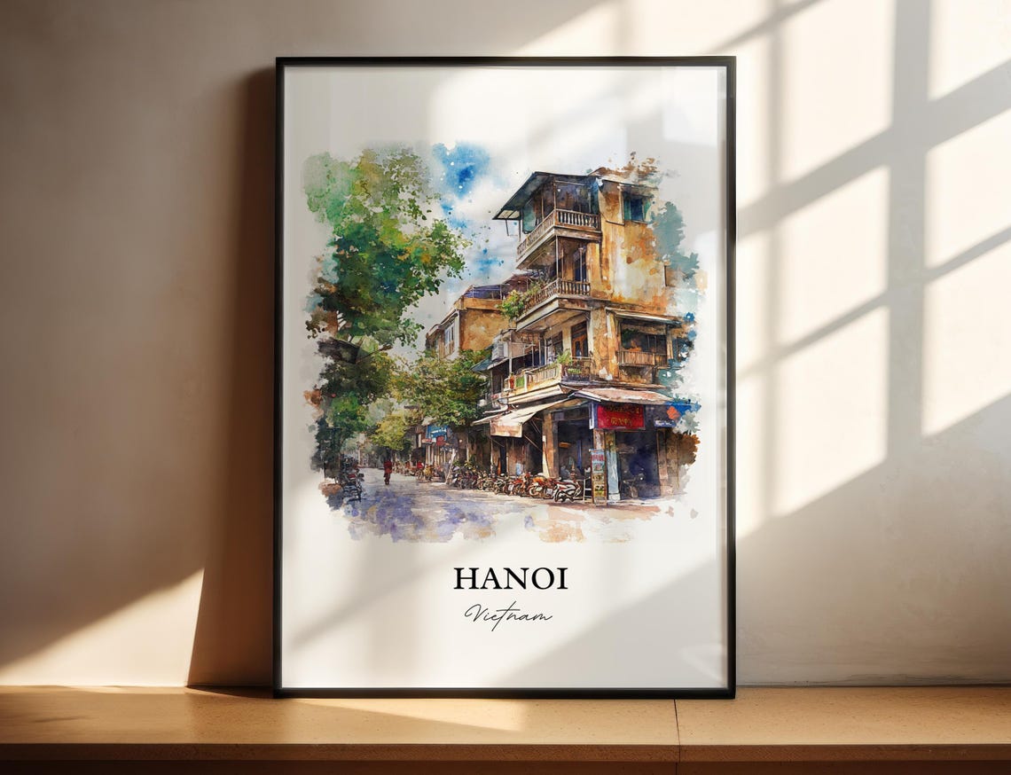 Hanoi Vietnam Old Quarter Street Scene Watercolor Travel Poster