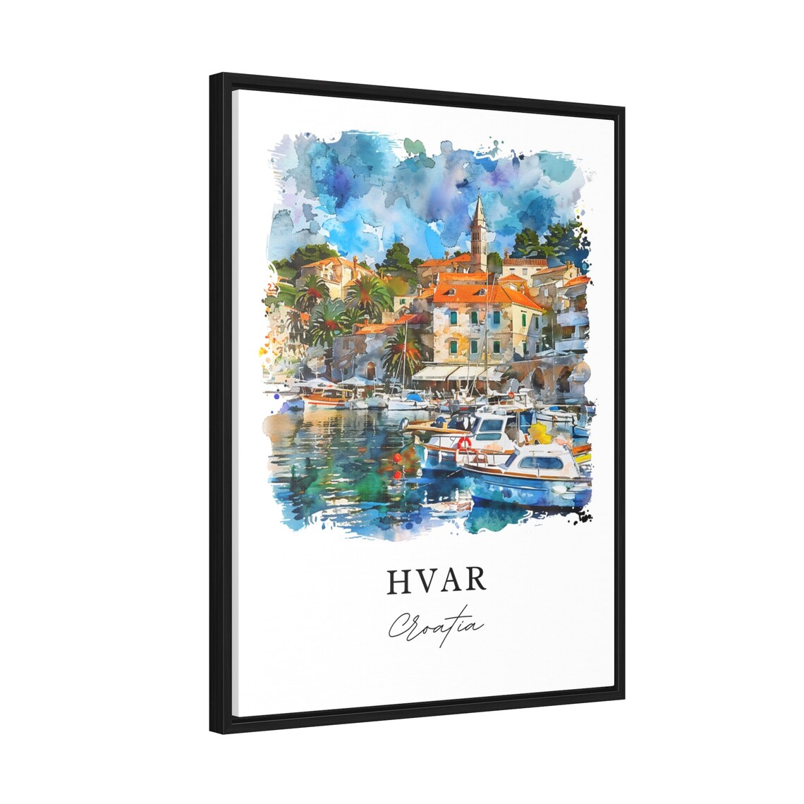 Hvar Croatia Marina Boats Watercolor Minimalist Travel Poster - Image 2