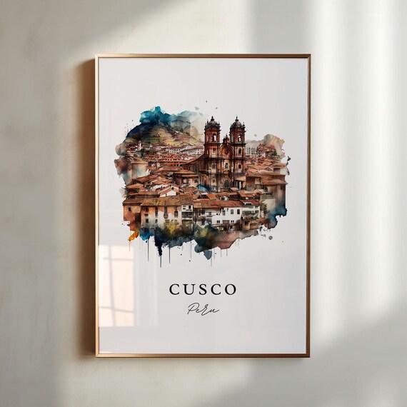 Cusco Peru Historic Old Town Twin Church Towers Watercolor Poster