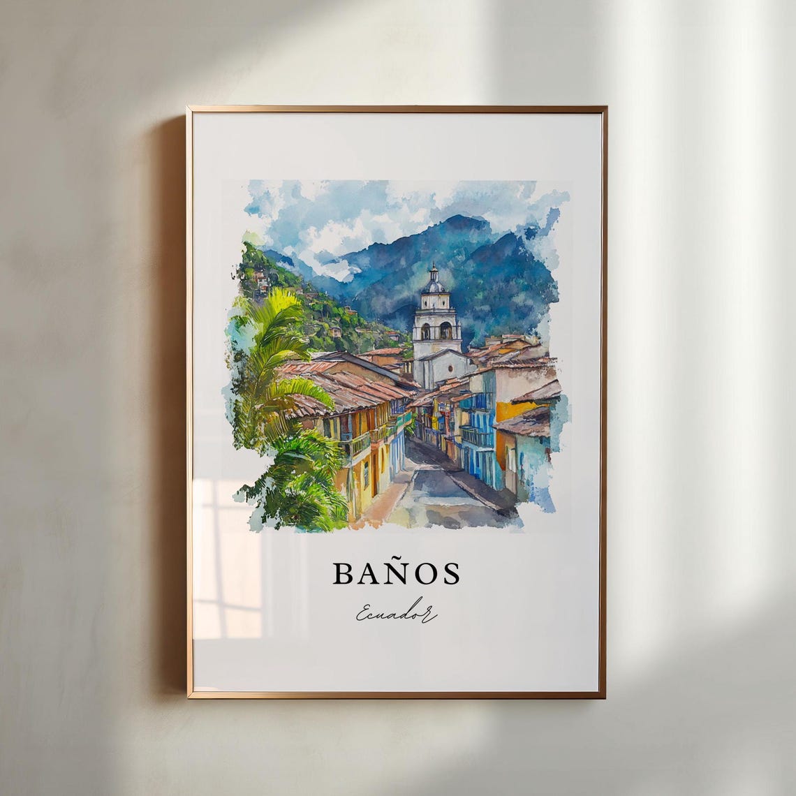 Baños Ecuador Watercolor Mountain Town Church Street Art Poster