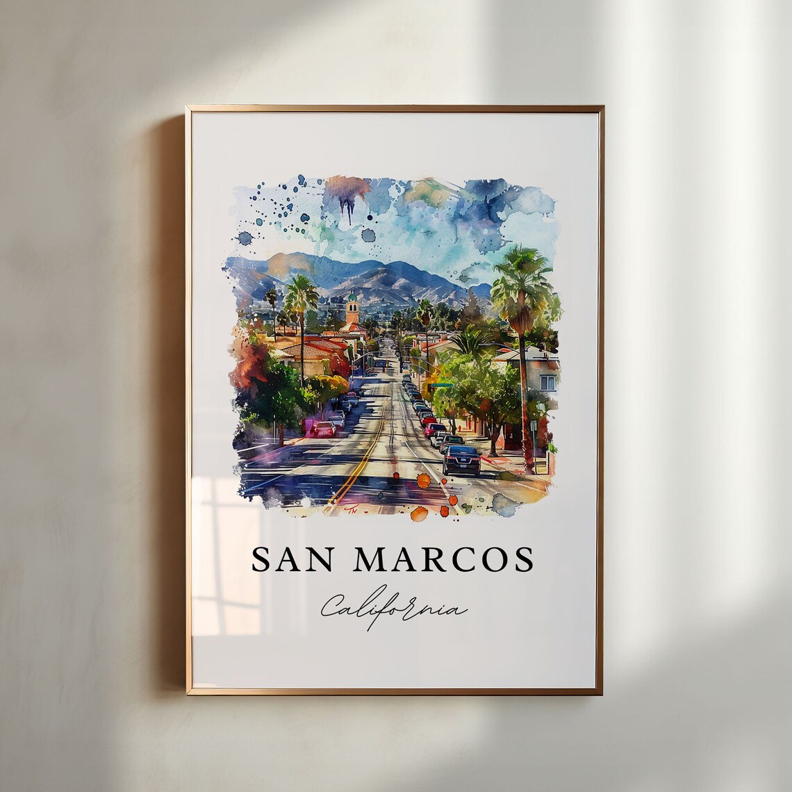 San Marcos California Travel Poster, Watercolor Art
