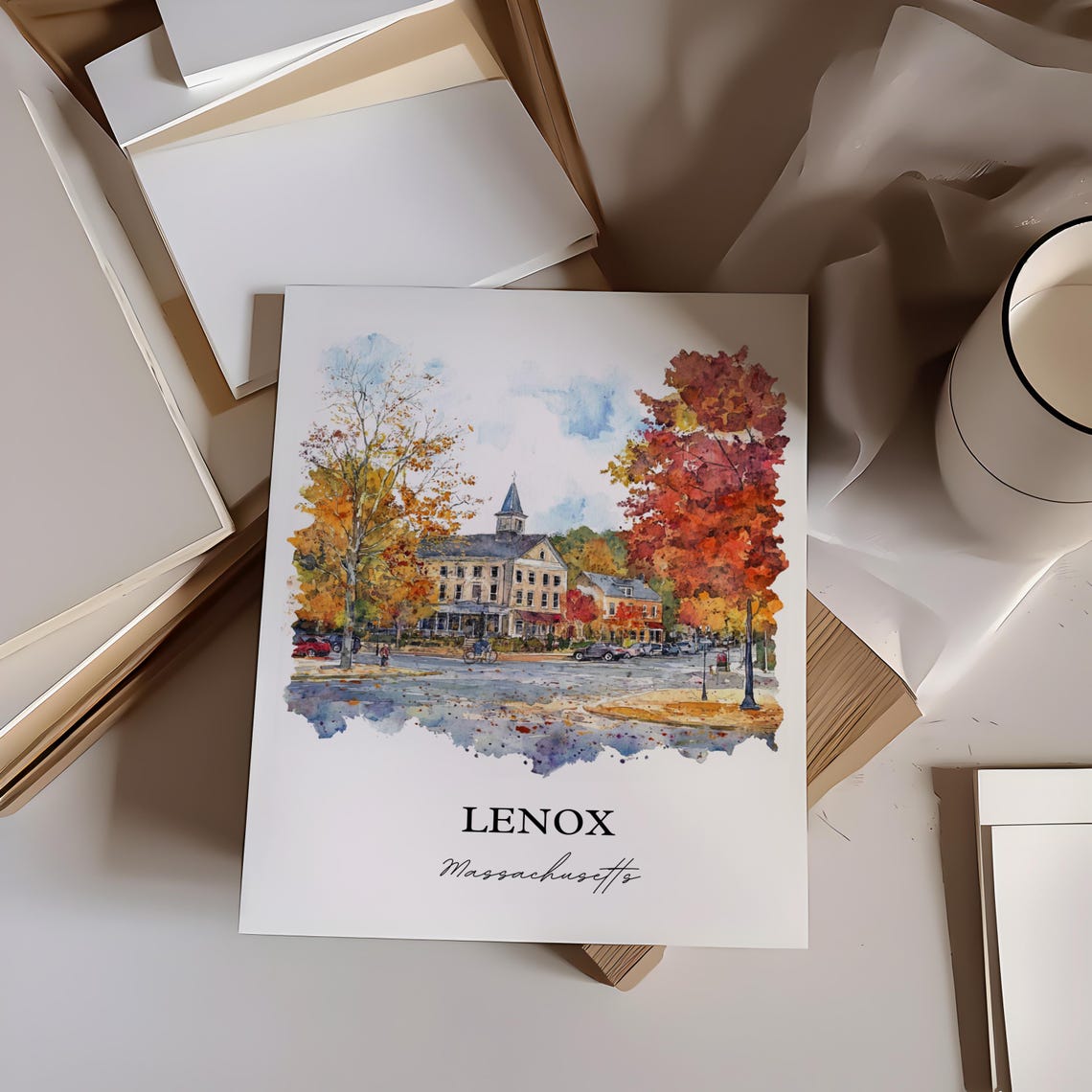 Lenox Massachusetts Watercolor Fall Town Square Scene Poster - Image 2
