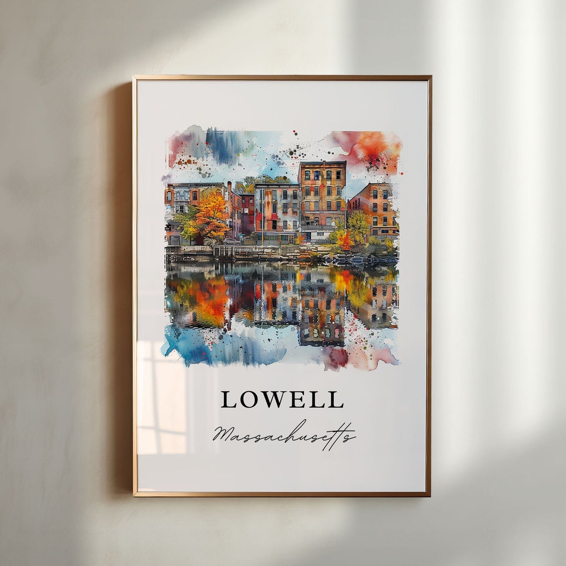 Lowell Massachusetts Historic Mill City Watercolor River Scene Poster