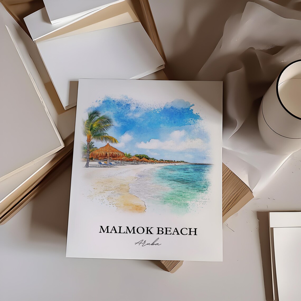 Malmok Beach Aruba Watercolor Palapa Shore Palm Trees Poster - Image 6